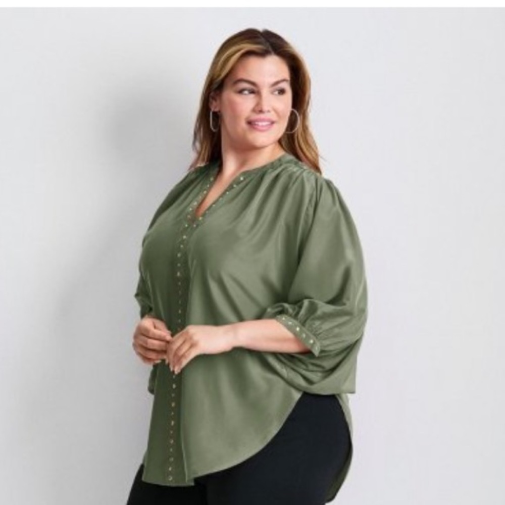 Chico's Olive Blouse with batwings and gold circle adornment NWT